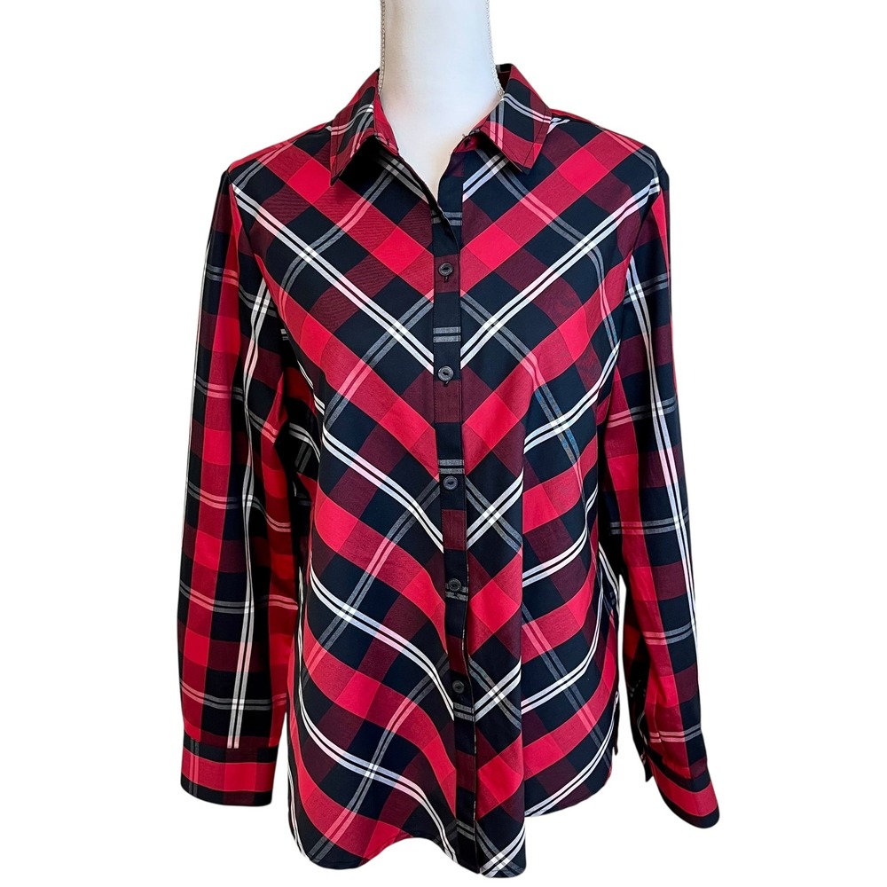FOXCROFT Holiday Plaid Button Down Shirt Sz‎ 14 Red Long Sleeve Christmas Tartan